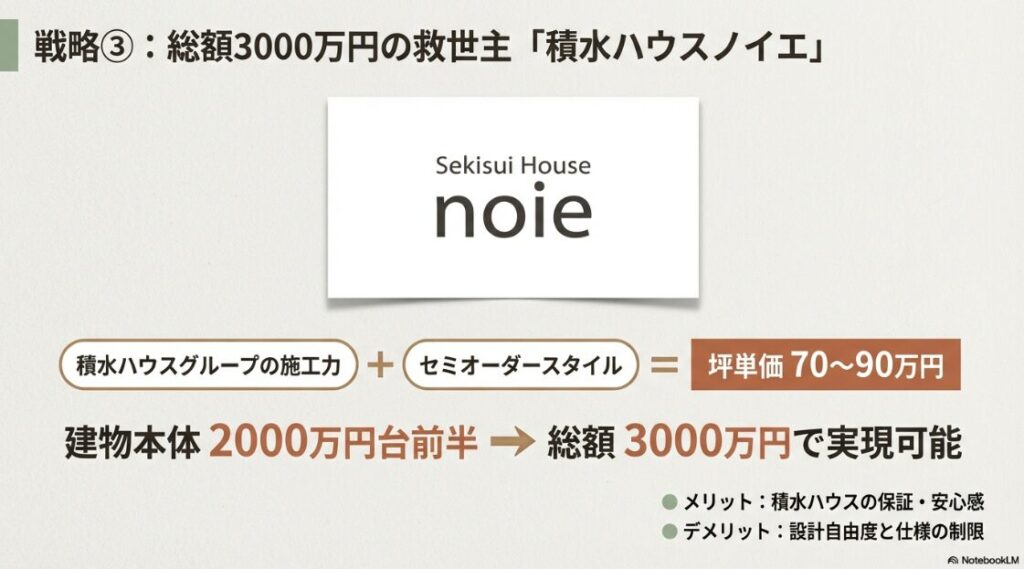 坪単価70〜90万円のセミオーダースタイル「ノイエ」の紹介。建物本体2000万円台前半、総額3000万円で実現可能であることや、積水ハウスの保証が受けられるメリット。