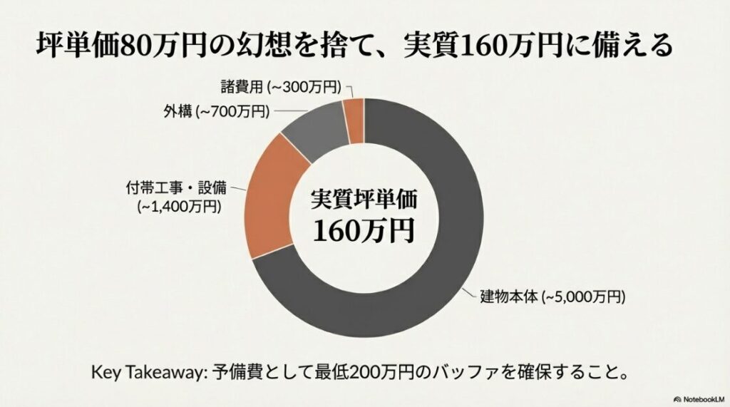 建物本体に加え、付帯工事・設備、外構、諸費用を含めた実質的な坪単価160万円の内訳を示す円グラフと予備費確保の重要性。