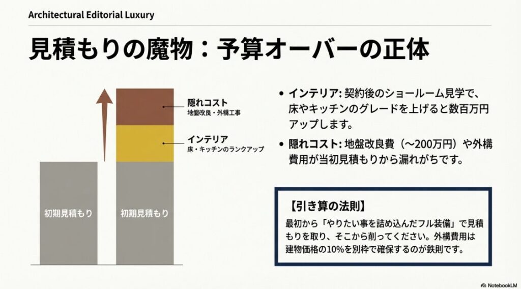 インテリアのランクアップや地盤改良費などの隠れコストを解説し、フル装備から削る「引き算の法則」と外構予算確保を説くグラフ 。