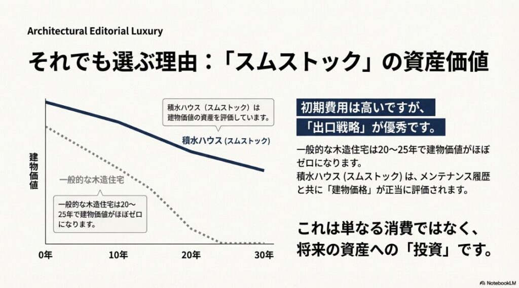 一般的な木造住宅と積水ハウス（スムストック）の建物価値の推移を比較し、適切なメンテナンスが将来の「投資」になることを示すグラフ 。