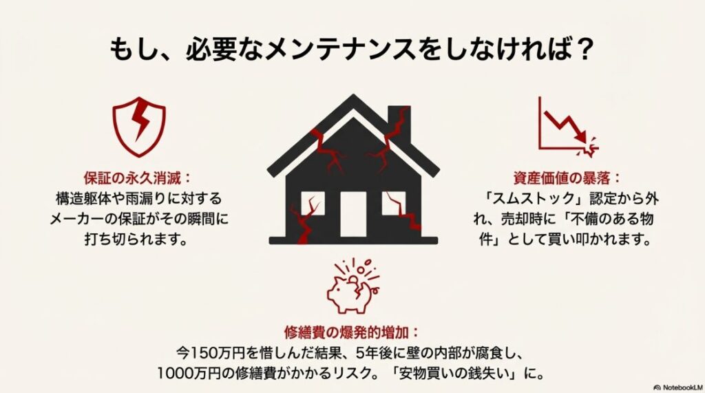 保証の永久消滅、資産価値の暴落、修繕費の爆発的増加という、必要な手入れをしないことで生じる3つのリスクを警告した図解スライド。