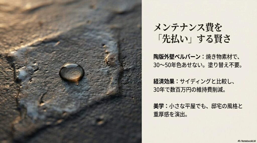 陶版外壁ベルバーンの耐久性と経済効果の解説。30〜50年色あせず塗り替え不要な焼き物素材が、30年で数百万円の維持費削減につながることを示す図