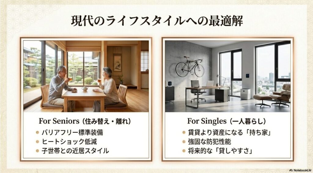 一人暮らしにおける防犯・資産性と、シニア層におけるバリアフリー・健康寿命の維持を両立させるメリットをまとめた比較図。