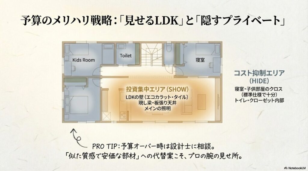 平屋の間取り図上で、投資を集中させる「SHOW」エリア（LDKの壁、天井、照明）と、コストを抑制する「HIDE」エリア（寝室、子供部屋、トイレなど）の使い分けを解説した図 。