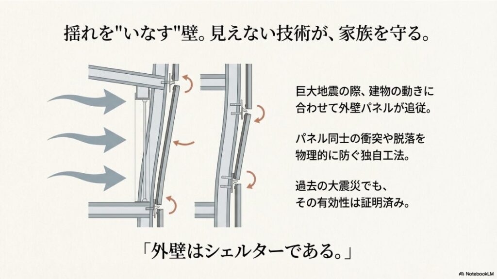 地震時に建物の動きに合わせて外壁パネルが追従し、パネル同士の衝突や脱落を物理的に防ぐ「いなす壁」の仕組みと有効性を証明するイラスト資料 。