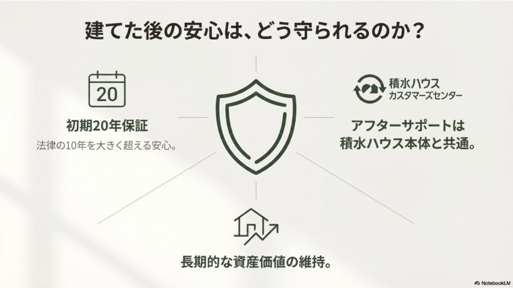 法律を大きく超える「初期20年保証」と、積水ハウス本体と共通のアフターサポート体制、資産価値維持についてのまとめ図
