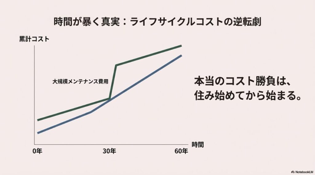 0年から60年までのコスト累計推移グラフ。30年目の大規模メンテナンス費用の発生により、初期費用と維持費が逆転する様子を可視化したシミュレーションスライド。