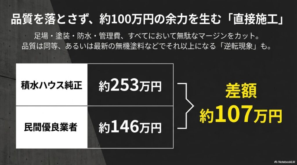 積水ハウス純正（約253万円）と民間業者（約146万円）のシミュレーション比較。差額が約107万円になる図。