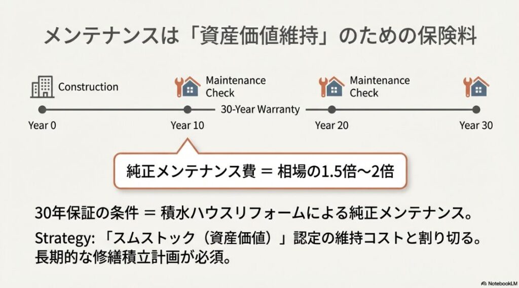 30年保証の条件となる積水ハウスリフォームによる純正メンテナンスと、資産価値「スムストック」認定維持のためのコスト計画を示す資料。