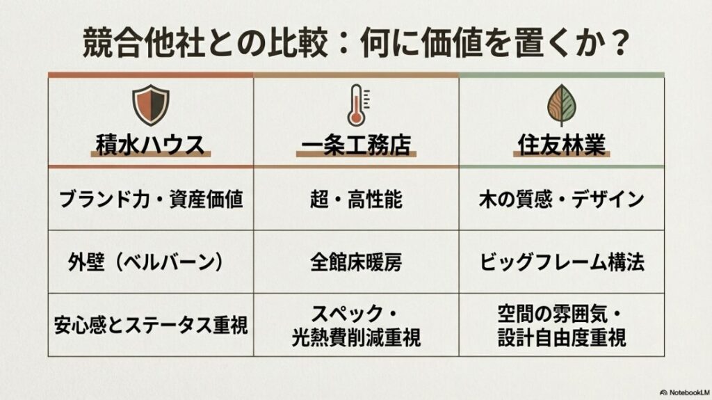 積水ハウス、一条工務店、住友林業の3社を、ブランド、性能、デザインの視点で比較し、それぞれの象徴的な仕様（ベルバーン、床暖房、BF構法）をまとめた表。