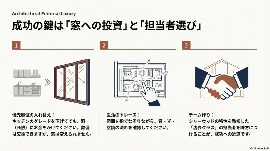 優先順位を「窓（断熱）」に置くこと、図面で生活をシミュレーションすること、店長クラスの担当者を味方につけることの3点をまとめた成功法則 。