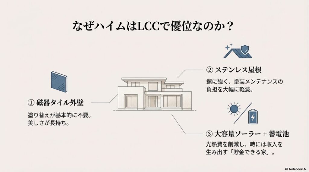 磁器タイル外壁（塗り替え不要）、ステンレス屋根（錆に強い）、大容量ソーラー＋蓄電池による、セキスイハイムの維持費削減の仕組みを解説したスライド。