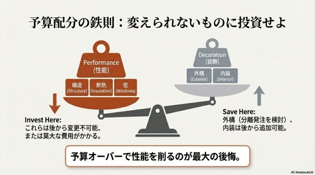構造・断熱・窓といった後から変更不可能な性能面への投資を優先し、外構や内装で調整する予算配分の優先順位を示す天秤の図。