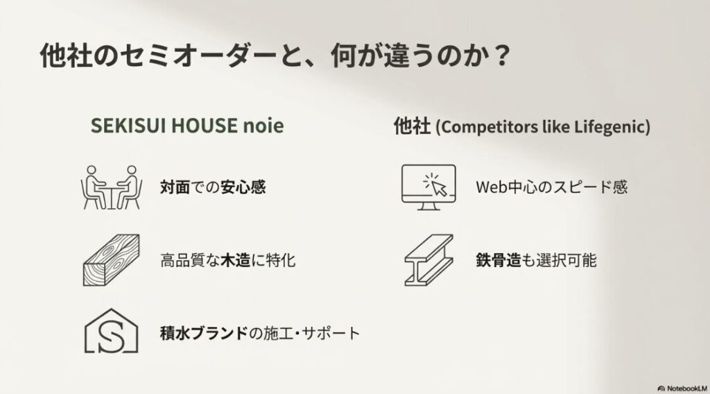 ノイエ（対面・木造・積水施工）と、他社の規格住宅（Web中心・鉄骨選択可）の強みの違いを比較した図解