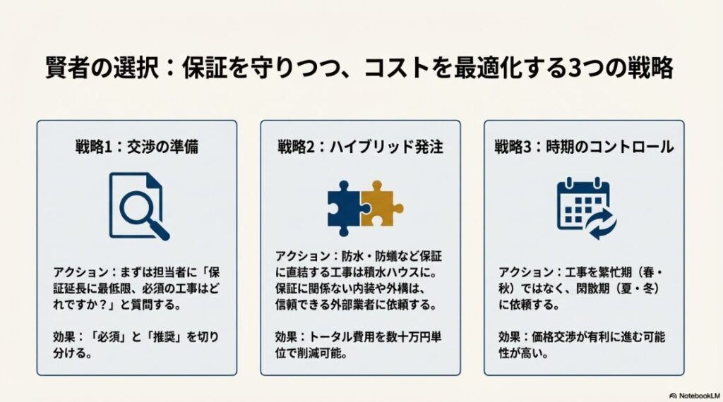 交渉の準備（必須工事の切り分け）、ハイブリッド発注（外部業者の活用）、時期のコントロール（閑散期への依頼）という、費用を抑える具体的なアクションをまとめた戦略スライド。