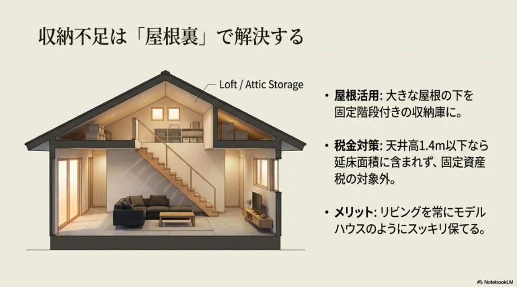 固定階段付きの小屋裏収納（ロフト）の断面図。天井高1.4m以下なら延床面積に含まれず固定資産税の対象外となるメリットと、リビングをスッキリ保てる効果の解説