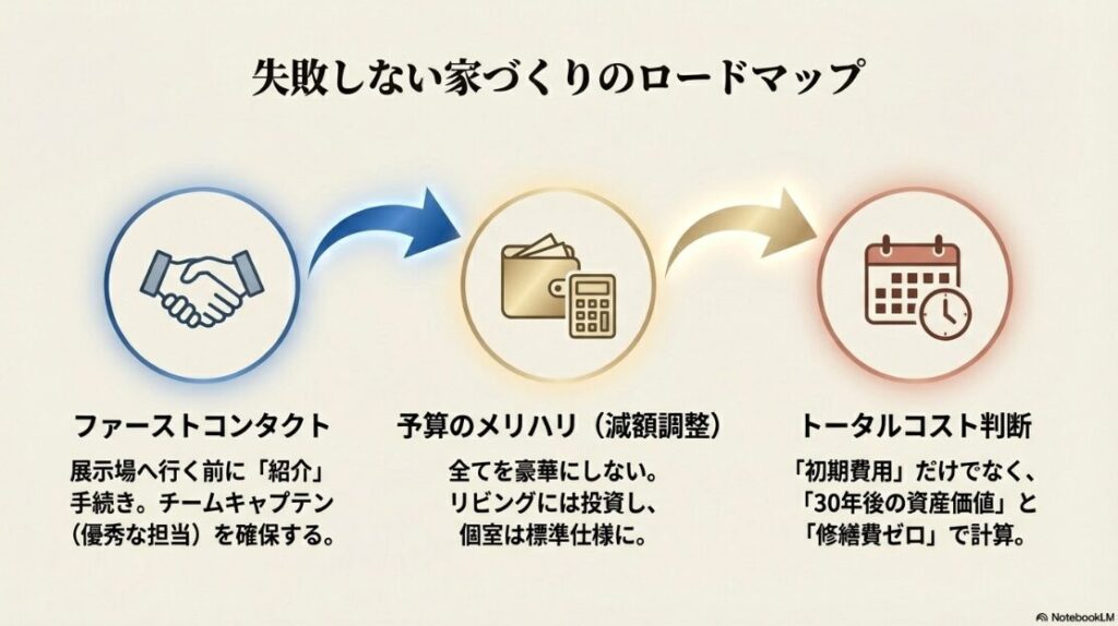 展示場に行く前の紹介、予算のメリハリ、30年後の資産価値判断という、家づくりで後悔しないための3ステップをまとめたロードマップ。