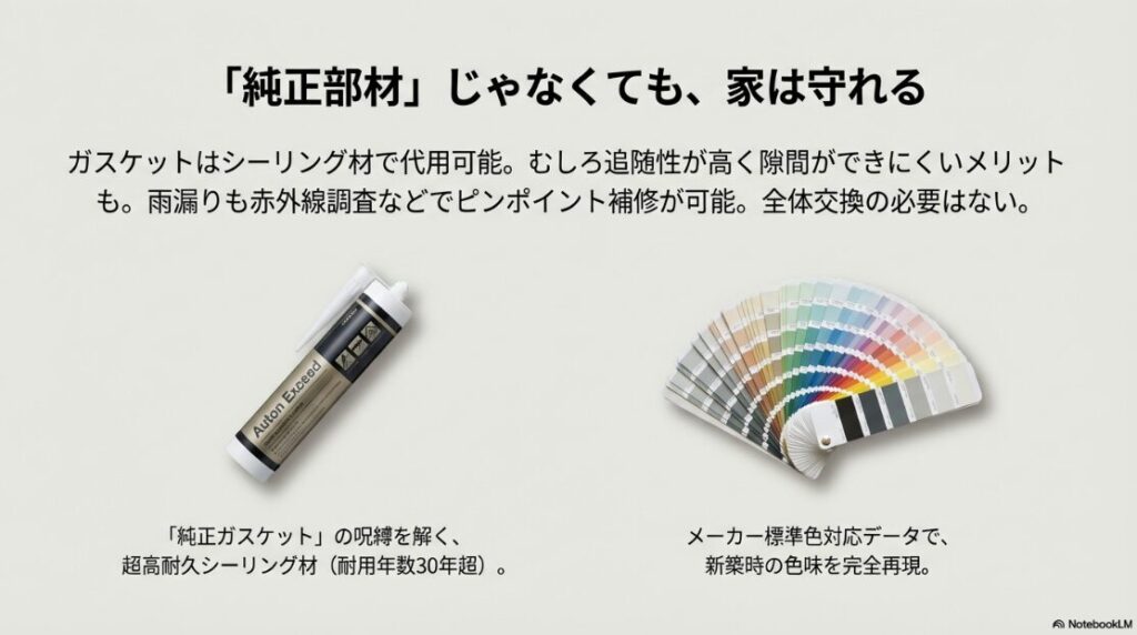 超高耐久シーリング材「オートンイクシード」と、メーカー標準色対応データの紹介図。