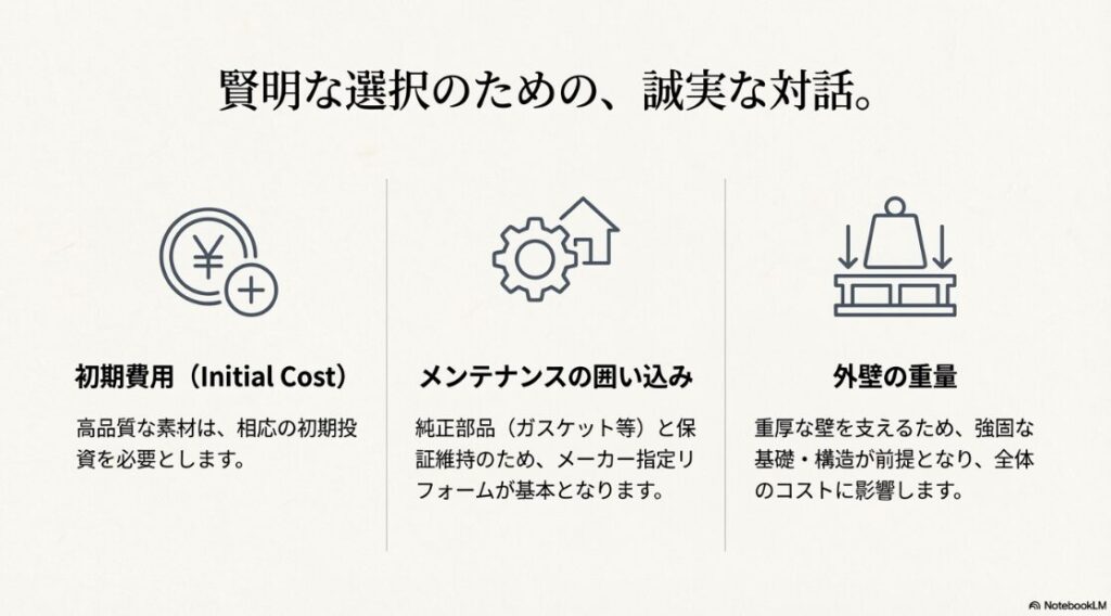 初期費用の高さ、メーカー指定リフォームによるメンテナンスの囲い込み、強固な基礎を必要とする外壁の重量についてアイコンで説明した図解資料 。