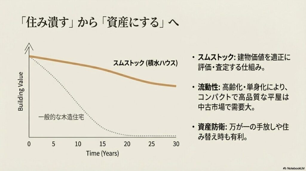 一般的な木造住宅と積水ハウスのスムストックによる建物価値の推移を比較したグラフ。高品質な平屋が中古市場で需要が高く、資産防衛に有利であることを示す図