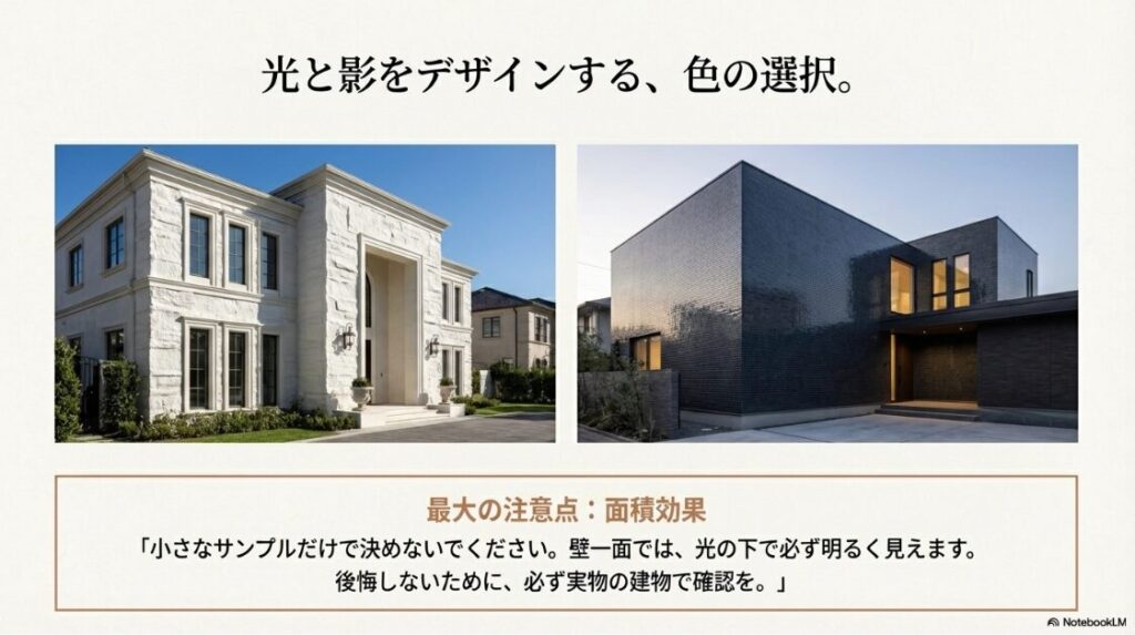 白系と黒系の邸宅実例写真を比較し、サンプルより明るく見える「面積効果」への注意と、必ず実物の建物で確認することを促すアドバイス資料 。