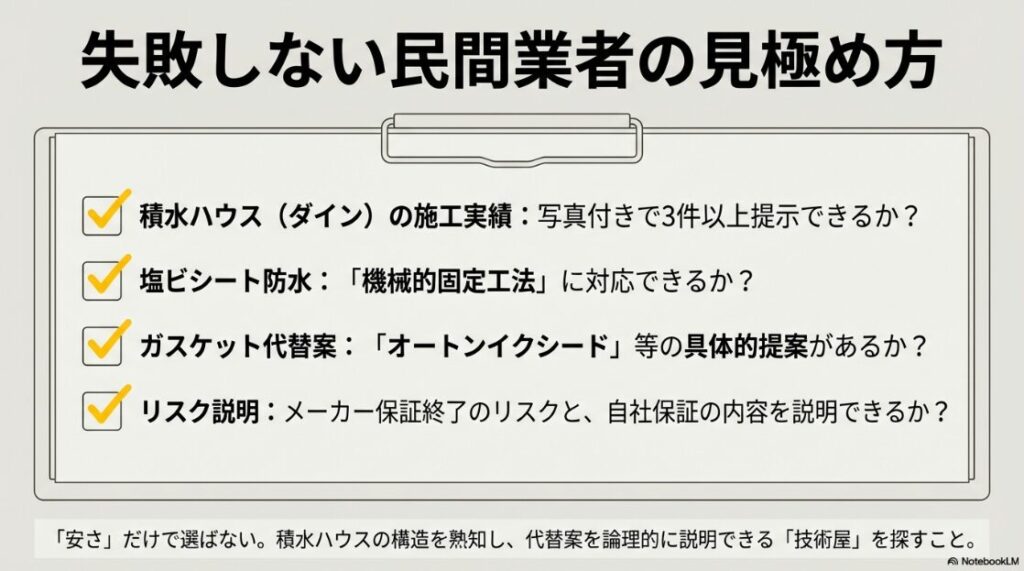 施工実績、防水工法、具体的代替案、リスク説明の4項目を確認するチェックリスト。