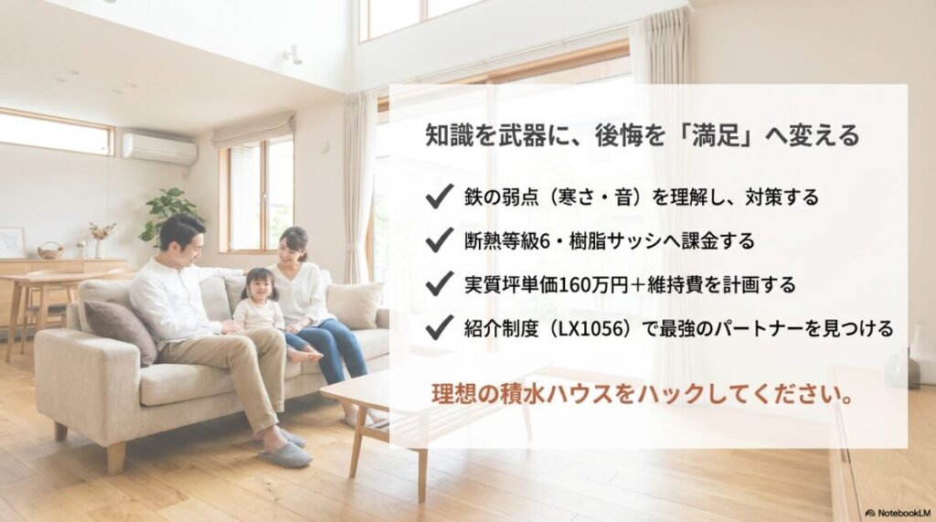 鉄の弱点（寒さ・音）対策、断熱への課金、実質費用の計画、紹介制度の活用など、理想の積水ハウスを建てるための重要ポイントをまとめたスライド。