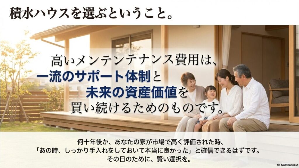 幸せそうな家族の写真を背景に、メンテナンス費用は一流のサポートと未来の資産価値を買い続けるためのものであると結んだ総括スライド。
