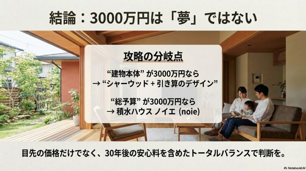 建物本体が3000万円なら「シャーウッド＋引き算デザイン」、総予算が3000万円なら「ノイエ」という、予算の定義に応じた最適な攻略ルートのまとめ。