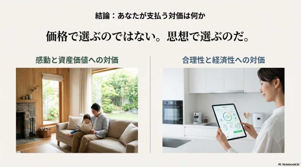 「感動と資産価値への対価」か「合理性と経済性への対価」か。家づくりにおいて支払う代金の本質的な意味を問いかけ、納得感を促す総括スライド。