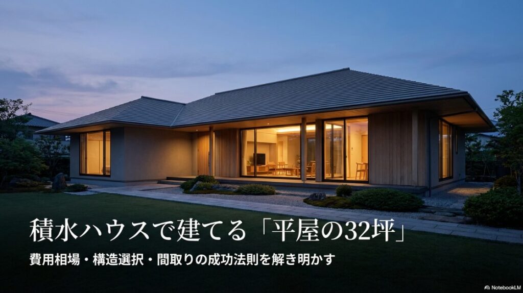 積水ハウスの平屋32坪の費用・構造・間取りを解説する表紙画像。夜の美しい平屋の外観写真。
