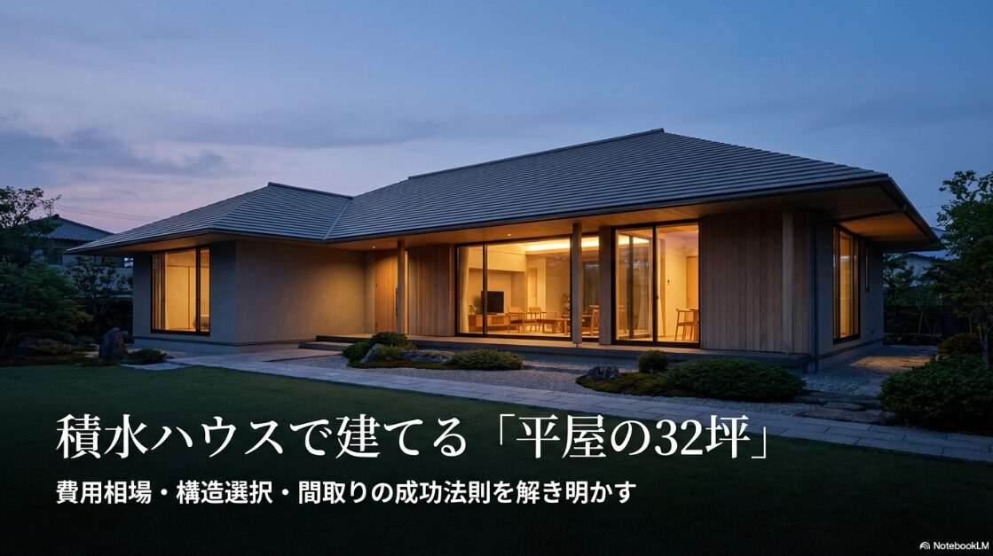 積水ハウスの平屋32坪の費用・構造・間取りを解説する表紙画像。夜の美しい平屋の外観写真。