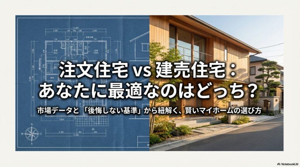 注文住宅と建売住宅のどちらが最適かを市場データと後悔しない基準から解説するガイドの表紙。