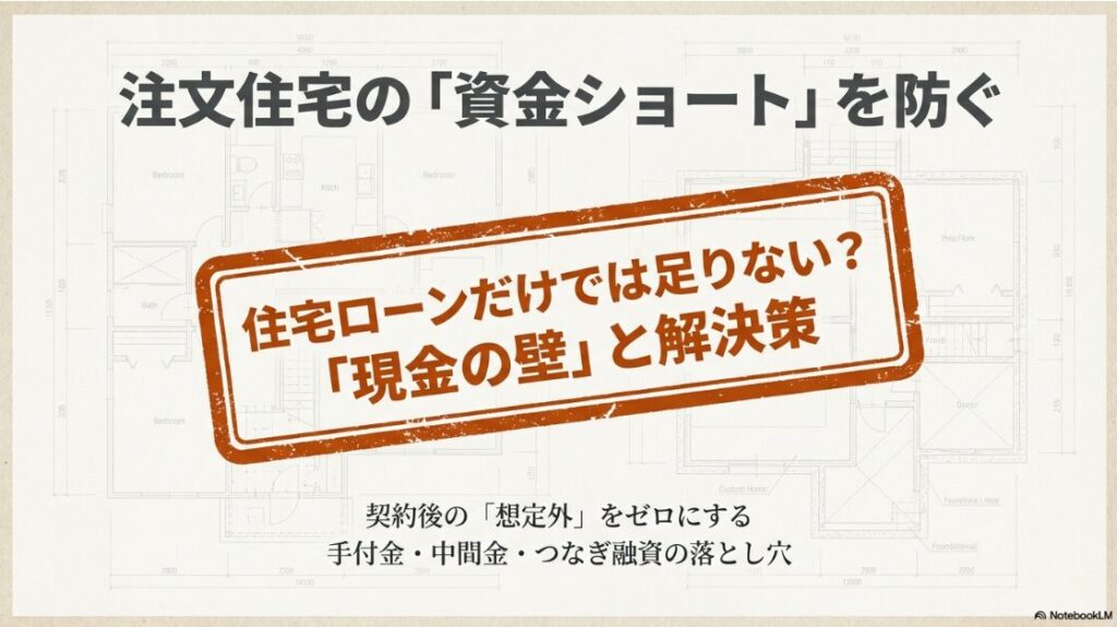注文住宅の資金ショートを防ぐための解説スライド。住宅ローンだけでは足りない「現金の壁」と、契約後の想定外をゼロにするための解決策を提示。