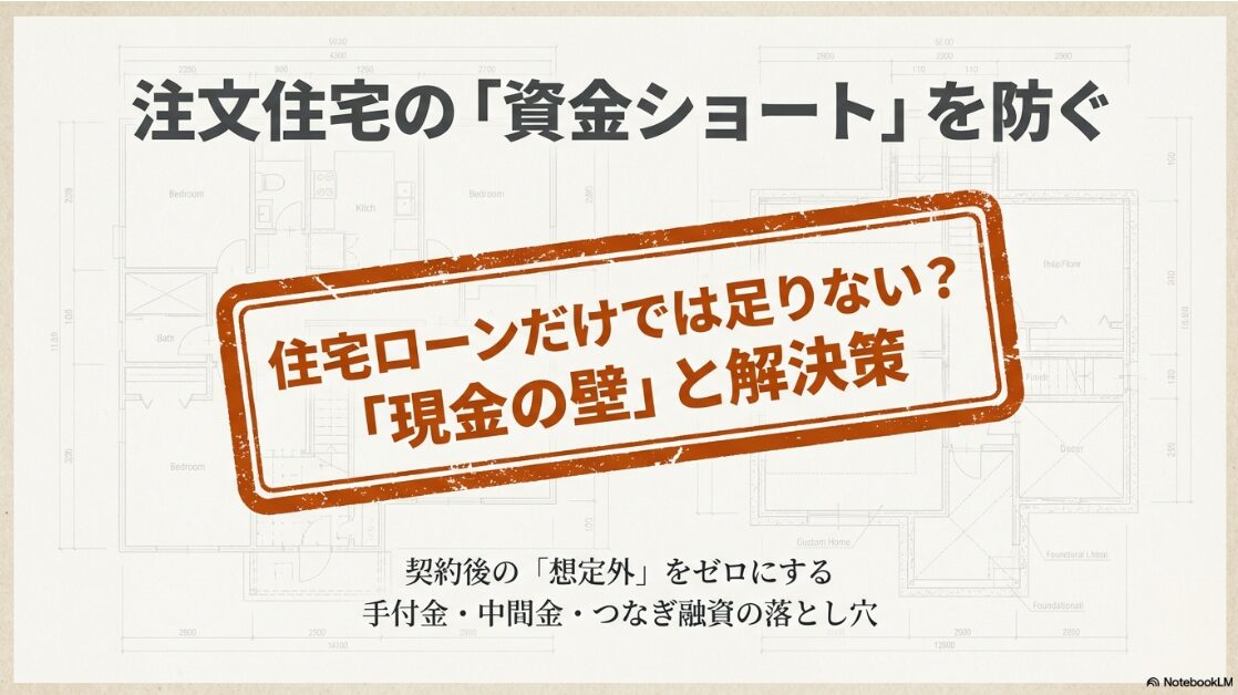 注文住宅の資金ショートを防ぐための解説スライド。住宅ローンだけでは足りない「現金の壁」と、契約後の想定外をゼロにするための解決策を提示。