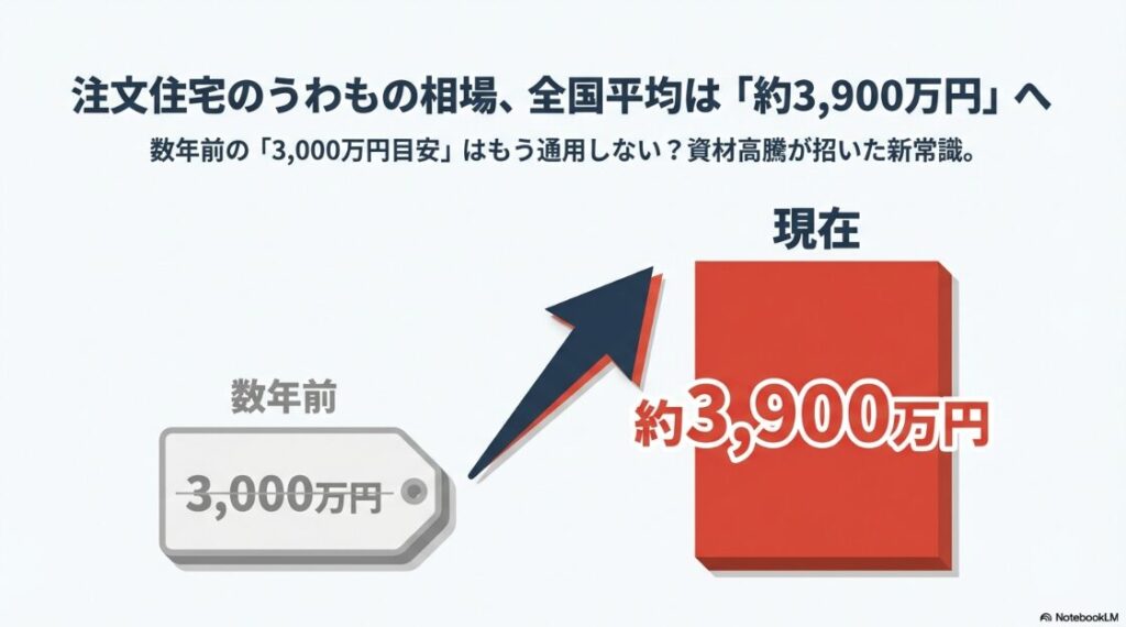 数年前の3,000万円目安から、現在の全国平均3,900万円へと相場が上昇していることを示す比較グラフ画像