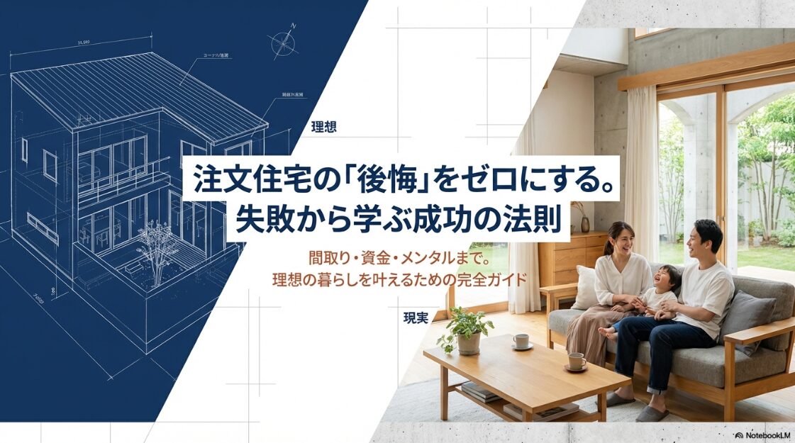注文住宅の後悔をゼロにするための失敗から学ぶ成功の法則を解説するアイキャッチ画像。設計図面とリビングで寛ぐ家族のイメージ。