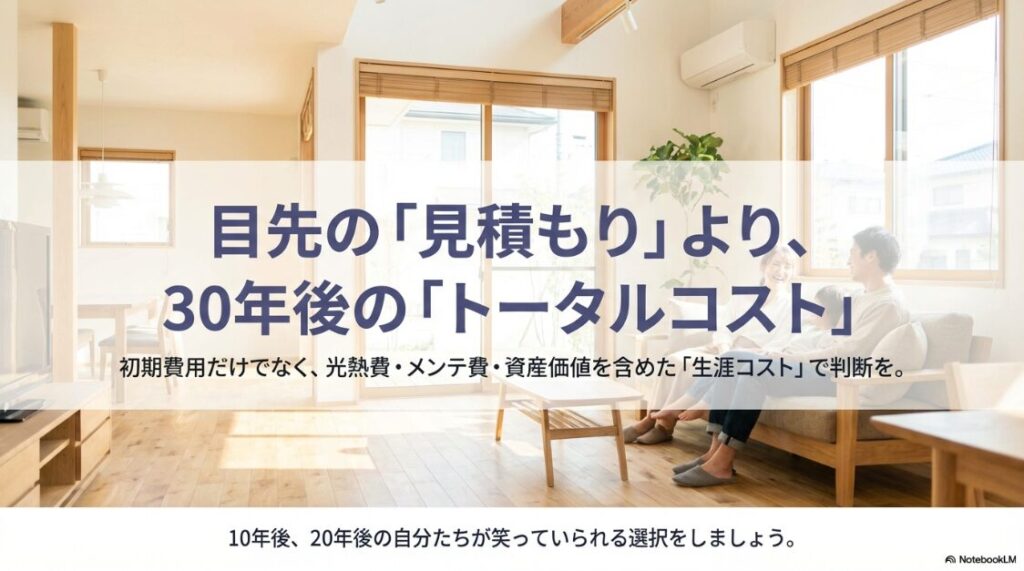 明るいリビングの写真を背景に、目先の見積もりだけでなく30年後の光熱費・メンテ費を含めた生涯コストでの判断を促すまとめのスライド