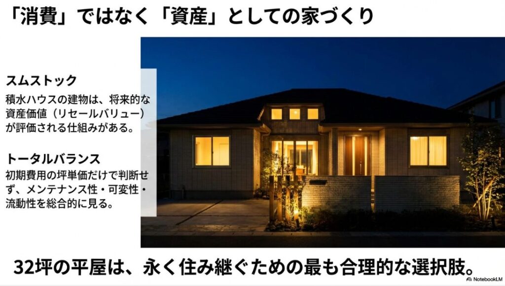 スムストックによるリセールバリュー評価と、32坪の平屋が永く住み継ぐための最も合理的な選択肢であることを示すまとめ画像。