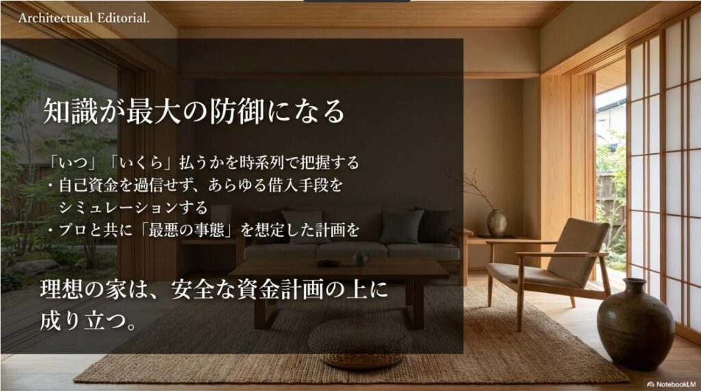 「いつ」「いくら」払うかの時系列把握や、プロとのシミュレーション、最悪の事態の想定が重要であることをまとめた総括スライド。