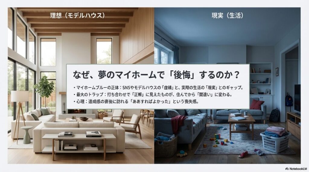 理想のモデルハウスと現実の生活のギャップ、打ち合わせ時の「正解」が住んでからの「間違い」に変わるトラップを解説したスライド。