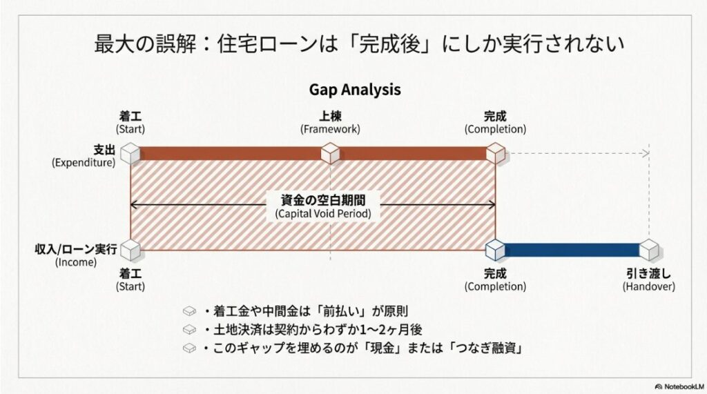支出（着工金・中間金など）が先行し、住宅ローンの実行（収入）が建物完成後になることで発生する「資金の空白期間」を示したギャップ分析の図。