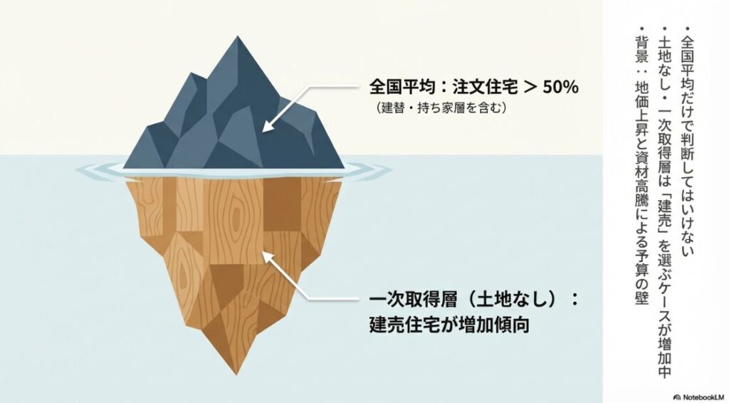 全国平均では注文住宅が5割を超えるが、土地なしの一次取得層では建売住宅が増加傾向にあることを示すイラスト。