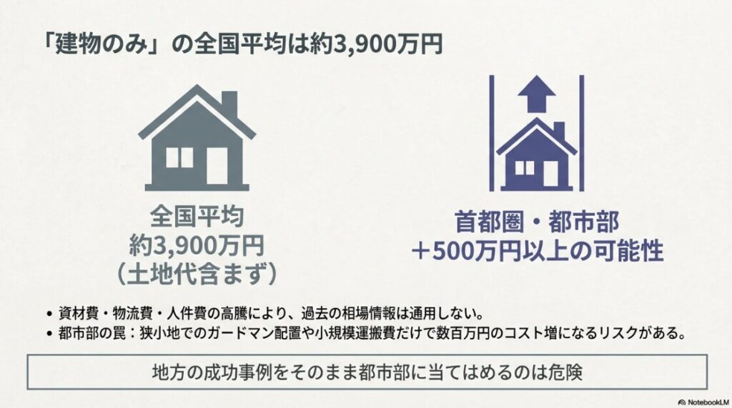 建物のみの全国平均が約3,900万円であること、首都圏や都市部はさらに500万円以上高くなる可能性や狭小地の罠について説明する図解