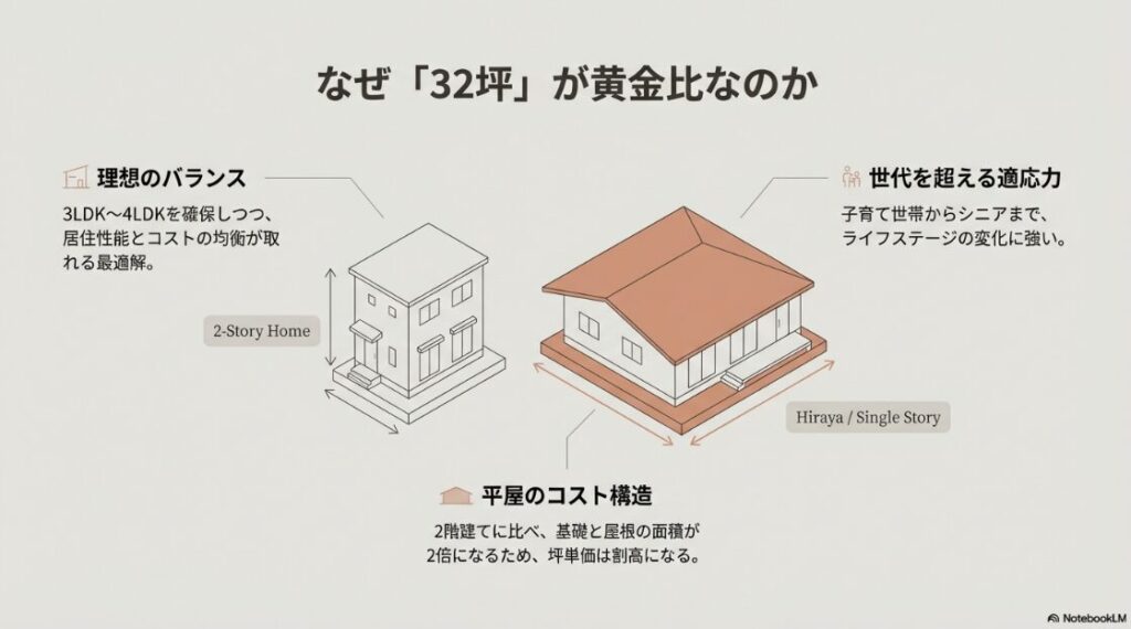 2階建てと平屋を比較し、32坪が3LDK〜4LDKを確保しつつ居住性能とコストの均衡が取れる最適解であることを示す図解。