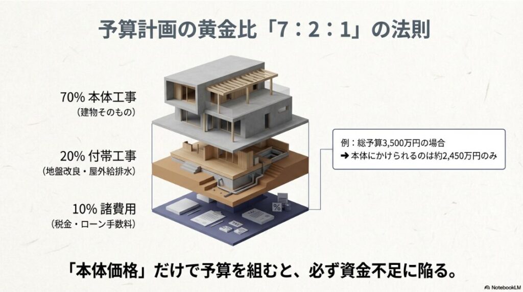 総予算を本体工事70%、付帯工事20%、諸費用10%に配分する法則を図解し、建物価格だけで予算を組む危険性を伝えるスライド