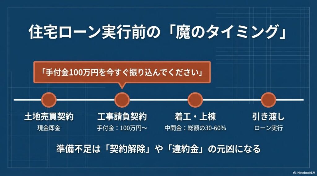 支出（着工金・中間金など）が先行し、住宅ローンの実行（収入）が建物完成後になることで発生する「資金の空白期間」を示したギャップ分析の図。