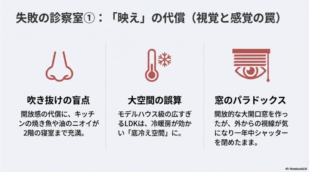 吹き抜けのニオイ、広すぎるLDKの冷暖房効率、大きな窓による視線問題など、見た目重視による失敗例を示すスライド。