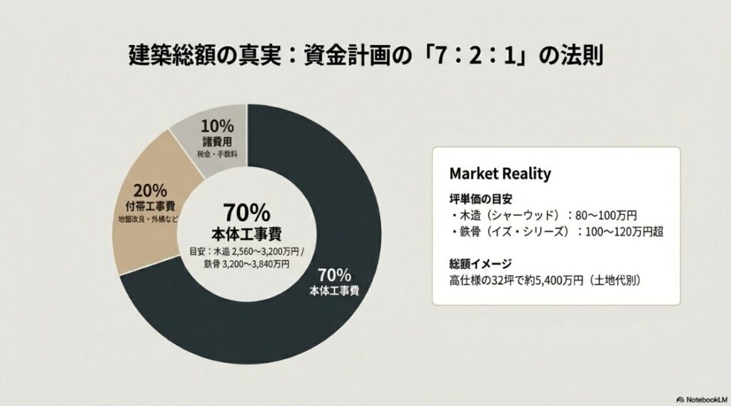 本体・付帯・諸費用の割合（70:20:10）と、木造・鉄骨それぞれの坪単価・総額イメージ（高仕様32坪で約5,400万円）をまとめた図。