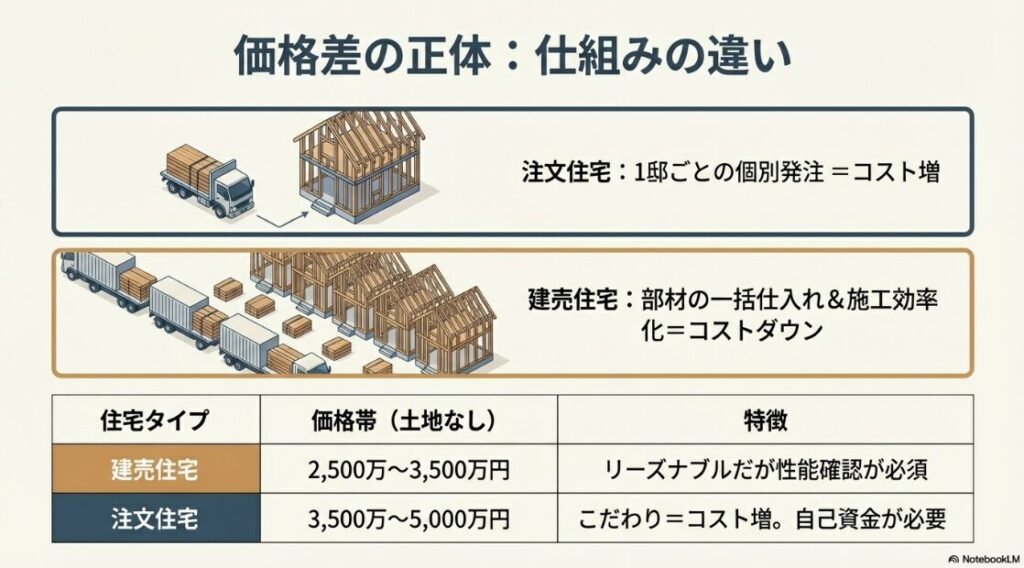 建売住宅（2,500万〜3,500万円）と注文住宅（3,500万〜5,000万円）の価格帯と、個別発注か一括仕入れかという仕組みの違いを解説する比較図。